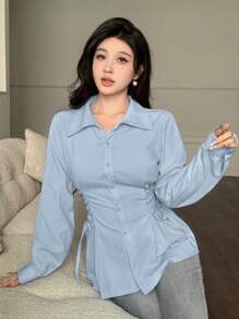 Modelyn 休闲百搭纯色交叉肩带时尚衬衫 - 藍色 - 查看 7