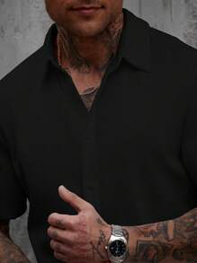 Manfinity CasualCool 男士休闲纯色衬衫和短裤套装，百搭 - 黑色 - 查看 5