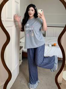 Dazy Plus Cartoon Print Loose Short Sleeve Top & Pants Ruffle Trim Casual Pajama Set - Grey - View 3