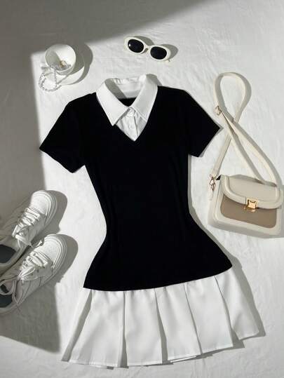 Elamini Vestido de trabajo de manga corta con bloque de color elegante para mujer, de verano