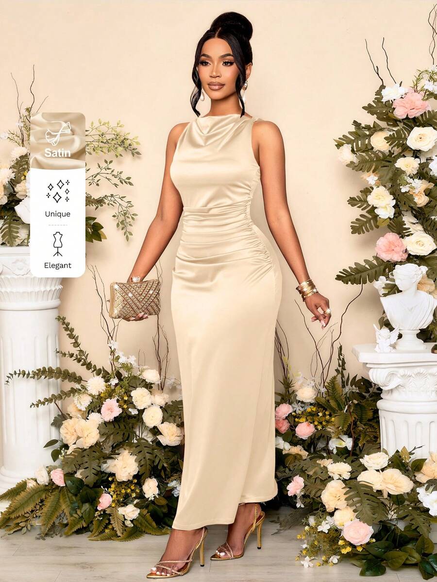 SOLERSUN Vestido de fiesta elegante para mujer de unicolor con cuello drapeado y mangas acuchilladas, perfecto para banquetes - Albaricoque - Ver 1
