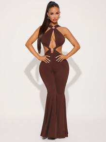 SHEIN SXY 纯黑色性感金属环包裹镂空露背紧身美人鱼长裤，适合休闲穿着、夜间外出、约会、派对、俱乐部、音乐节