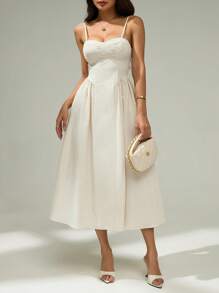 SHEIN PETITE Váy hè dây mảnh màu trơn thanh lịch và thời trang - Màu be - Xem 4