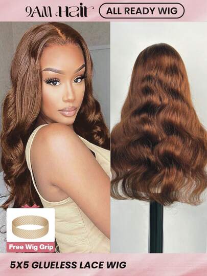 ALL READY WIG Förblekt Förplockad förklippt spets Smältspets 5X5 limlös spetsförslutning Peruk 100 % människohår #4 Brown Body Wave 9AM HAIR