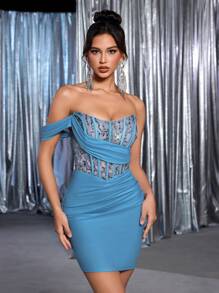 SHEIN Belle Elegant And Gorgeous Blue Embroidered Sequined Lace Stitching Elastic Knitted Fishbone Pressing Line Pleated Slit Fishtail Hip Skirt Side Floating Piece Suitable For Wedding Events Bachelorette Party Holiday Dinner Dance Homecoming Season Birthday Young Cocktail Tea Party Dress,Birthday Dress,Graduation,Teacher Outfits For Women,Teacher Dress - Blue - View 3