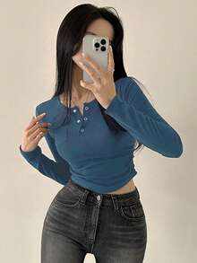 DAZY 女款素色長袖T恤，時尚夏季短版上衣 - 寶藍色 - 查看 8