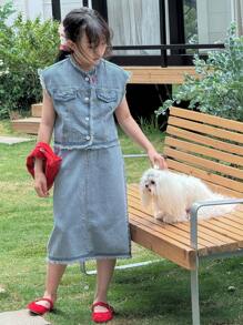 Dazy Kids 青少年女孩牛仔两件套服装 - 淺色水洗藍 - 查看 3