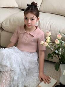 DAZY Tween Girls Turndown Collar Butterfly Embroidery Short Sleeve Sweater, Spring/Summer,Back To School Clothes - Pink - View 5