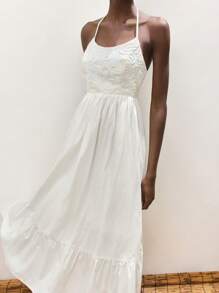 Maija 女式白色 U 领连衣裙，露背系带纯色宽松 A 字形夏季度假连衣裙