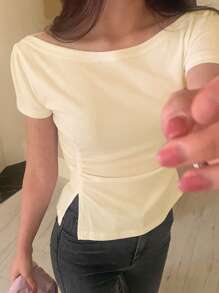 DAZY 女式纯色短袖褶皱侧开衩修身紧身 T 恤上衣