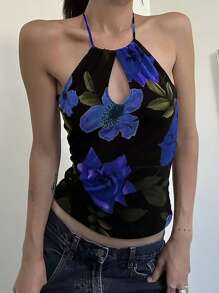SHEIN EZwear Women's Floral Print Halter Neck Fitted Cami Top For Vacation - Blue - View 1