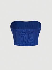 SHEIN MOD Solid Textured Tube Crop Top - Navy Blue - View 2