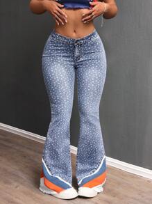 SHEIN Unity Women's Fashionable Star Print Slim Fit Flare Leg Jeans - Blue - View 5