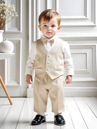 3-Piece Baby Boy/Girl Gentleman Outfit - White Long Sleeve Shirt, T-Shirt, Waistcoat & Pants Set, Elegant Suit For Spring/Summer, Suitable For Birthday Party, Christening, 1st Birthday, Formal Events, Wedding Guest, Pageboy,In Fall/Winter