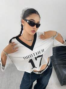 POPSWAY Plain Minimalist Numeric Print T-Shirt, Fashion For Summer - White - View 5