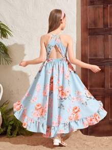 SHEIN Leap Crew Tween Girl Backless Strap Floral Print Sleeveless Vacation Dress - Baby Blue - View 2
