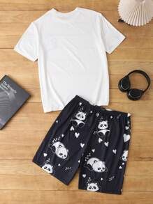 CoupledUp Conjunto de pijama de hombre con estampado lindo de panda, ropa de estar en casa