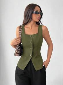 SHEIN EZwear Chaleco de traje de mujer de corte slim en color verde oliva tejido para otoño/invierno - Verde militar - Ver 5