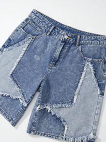 ROMWE MEN Street Life Summer Casual Men'S Star Patch Pocket Casual Denim Shorts Jorts - Blue - View 3