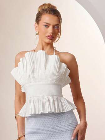 L'Amorae 优雅褶裥露背荷叶边细节褶饰后背时尚白色夏季上衣，女士夏季服装，女士沙滩装