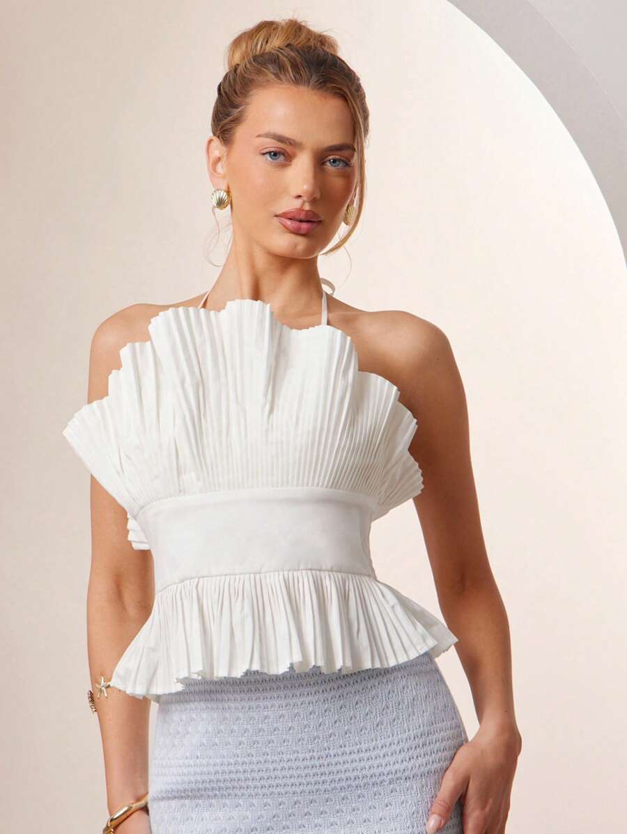 L'Amorae Elegante blusa blanca de verano con cuello halter plisado, detalle de volantes y espalda fruncida, para mujer, para la playa - Blanco - Ver 1