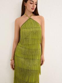 Aveloria Rosie Solid Color Multi-Layer Fringe Flowy Vacation Backless Sleeveless Criss-Cross Halter Sexy Dress For Women Elegant Fashionable Style For Summer Spring Fall Autumn - Green - View 4