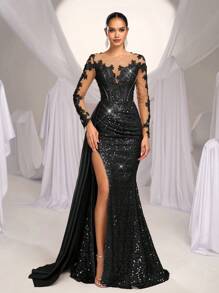 Glamrae Vestido largo tipo sirena de satén con bordados elegantes, encaje, lentejuelas y cola, adecuado para bodas, fiestas, bailes de graduación y cocteles - Vestido formal, elegante y de alta calidad para ocasiones especiales, invitados de boda - Negro - Ver 6