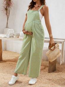 SHEIN Gasaul 度假格子阔腿孕妇连体裤 - 綠色 - 查看 3