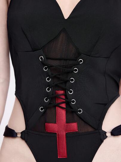 Goth Body gótico de verano con decoración de cruz, cordones y inserto de malla elástica para mujeres