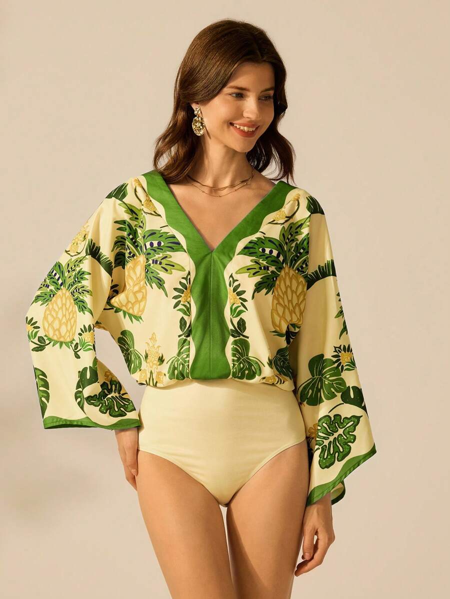 CAJUNI Body verde donna con scollo a V, maniche, stampa boho con ananas, foglie di palma e motivi tropicali, casual estivo, ideale per gite in spiaggia
