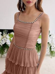 MOTF Soiréza VÁY DẠ HỘI TẬP HỢP VIỀN NGỌC TRAI GIẢ - Bụi hồng - Xem 3