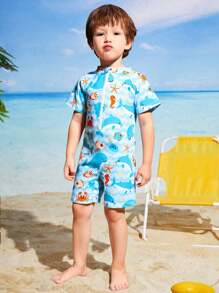 男童连体蓝鲨印花连体衣，户外沙滩游泳男童两件套泳衣套装，男童3-7岁沙滩装，男童儿童沙滩装 - 藍色 - 查看 2