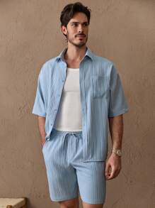 Manfinity VCAY 2pcs/Set Men's Casual Wave Print Loose Raglan Sleeve Shirt & Drawstring Waist Solid Shorts Set - Blue - View 1