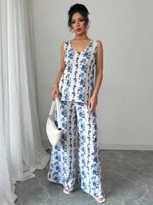 SHEIN Clasi 2pcs/Set Women Floral Print Sleeveless Top And Wide Leg Pants Loungewear Set - Blue and White - View 3