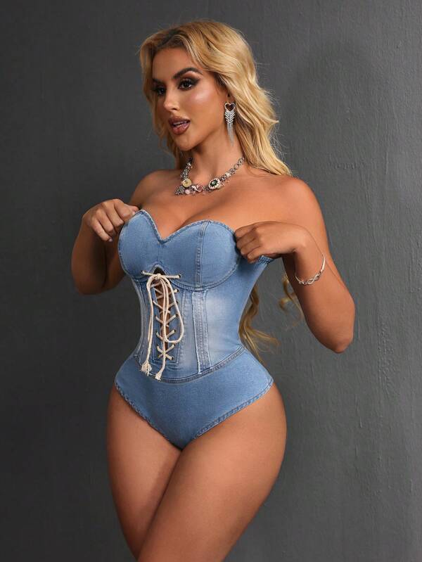 SHEIN SXY Body din denim pentru femei, potrivit pentru vară