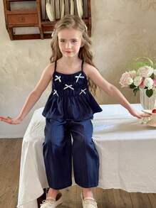 LMoss Kids 2件套少女纯色细肩带吊带背心和宽松休闲裤套装