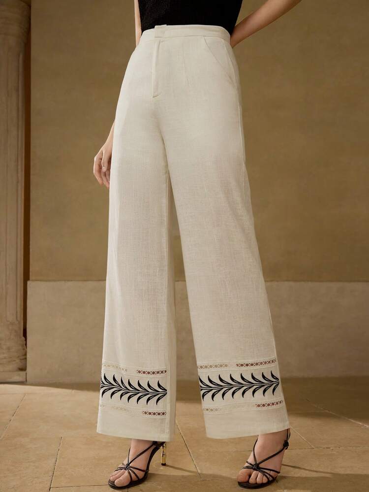 CONTRAST LACE EMBROIDERED WIDE LEG PANTS