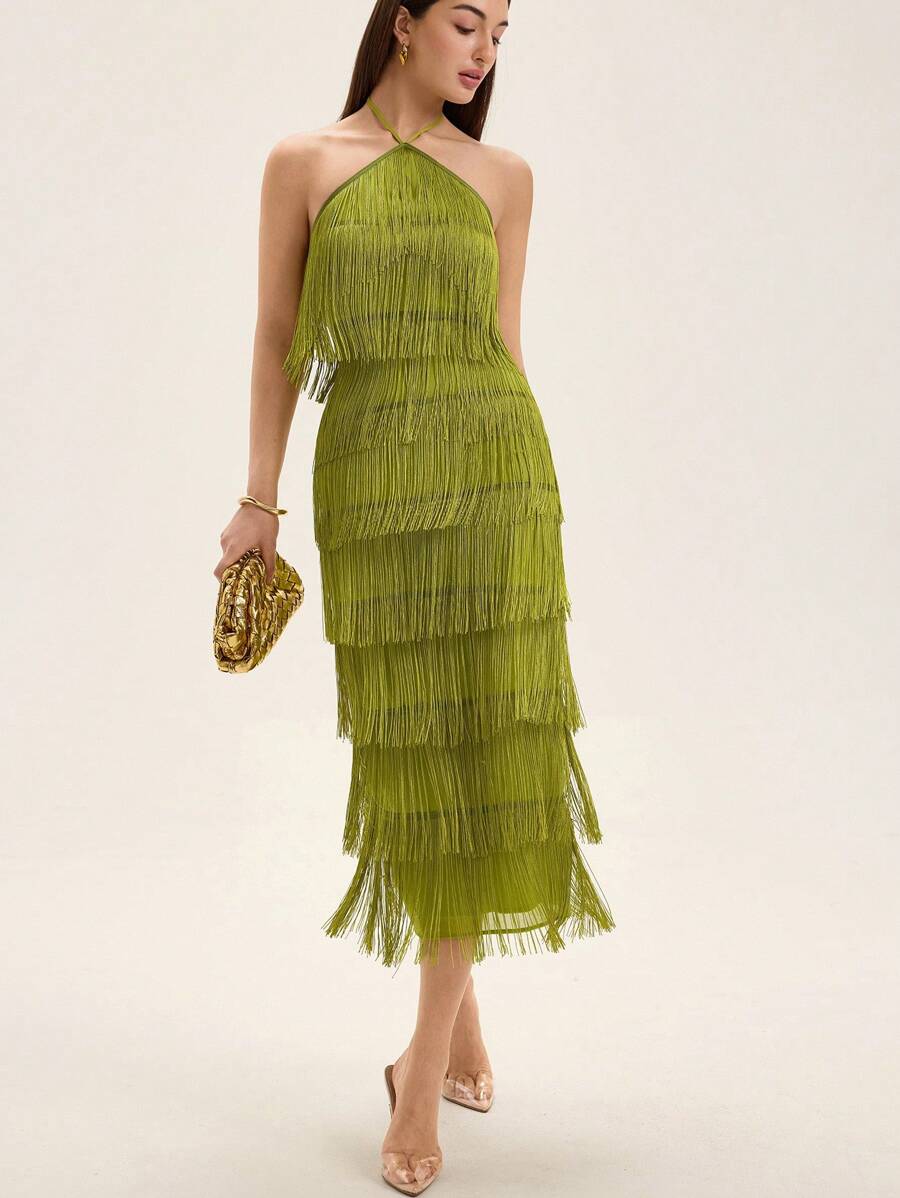 Aveloria Rosie Solid Color Multi-Layer Fringe Flowy Vacation Backless Sleeveless Criss-Cross Halter Sexy Dress For Women Elegant Fashionable Style For Summer Spring Fall Autumn - Green - View 1