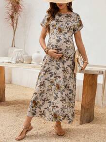 SHEIN 孕妇休闲度假波西米亚风花卉太阳裙 - 卡其色 - 查看 5