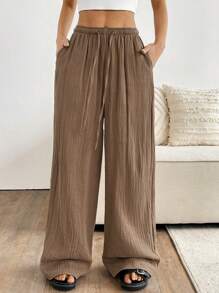 SHEIN EZwear Plus Size Women's Solid Wrinkle Textured Loose Drawstring Waist Tie-Up Wide Leg Casual Loose Fit Palazzo Pants, Summer,Summer Pants Pantalones De Mujer
