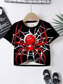 Young Boy Casual Minimalist Cartoon Spider Pattern Short Sleeve Round Neck T-Shirt, Suitable For Summer - Multicolor - View 2