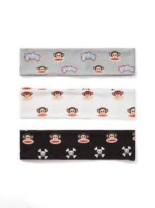 Paul Frank X SHEIN 3pcs Pack Versatile Monkey & Skull Printed Elastic Headbands, Suitable For Sports, Casual Styles, Washing Face Hair Band Turban Headband Sweatband - Multicolor - View 6