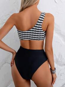 SHEIN Swim 1 pieza Traje de baño de una sola pieza con bloques de color texturizados y a rayas para mujer - Blanco y Negro - Ver 2