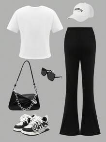 少女休闲优雅图案 T 恤套装，黑白撞色蝴蝶结装饰圆领 T 恤和喇叭长裤，适合度假、上学、春夏季 - 黑色 - 查看 2