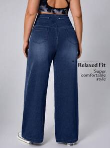 Flexra Plus Size Women Pocket Decor Soft Mid-Blue Wash Stretchy Jeans