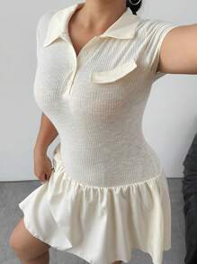 Flirla Plus Size Women's Casual Commuting White Dress - Beige - View 5