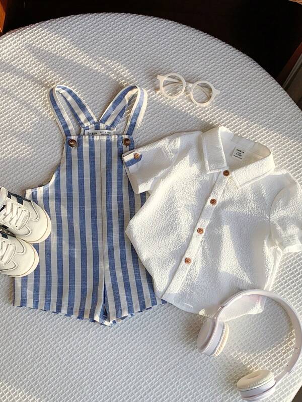 SHEIN 2 Stücke Set beinhaltet weißes Hemd & gestreifte Latzhose, süßer sommerlicher Freizeitoutfit für Babyjungen, passend für Geburtstagsparty, Abendparty, Aufführung, Hochzeit, Monatsfeiern, Taufe und 1. Geburtstag, Baby-Shower