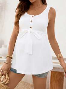 SHEIN Maternity Solid Color Button Half Placket Knotted Waist Casual Tank Top - White - View 4