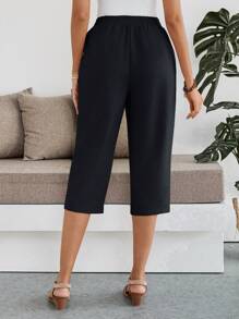 EMERY ROSE Women Solid Color Elastic Waist Casual Versatile Capri Pants Work Pants - Blue - View 2