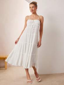 L'Amorae Vestido blanco de verano de largo midi con parte delantera anudada y plisada, elegante, sin mangas, para usar en el verano, atuendos de playa para mujeres